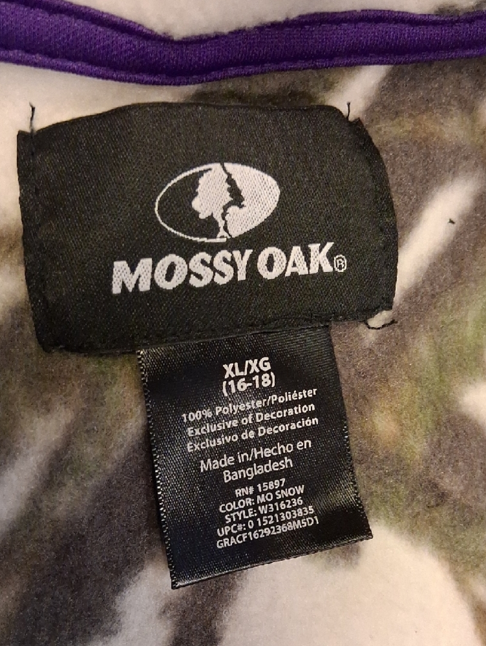 Mossy Oak White and Brown Realtree-Style Camo Fleece Jacket with Purple Accents. - Picture 8 of 13
